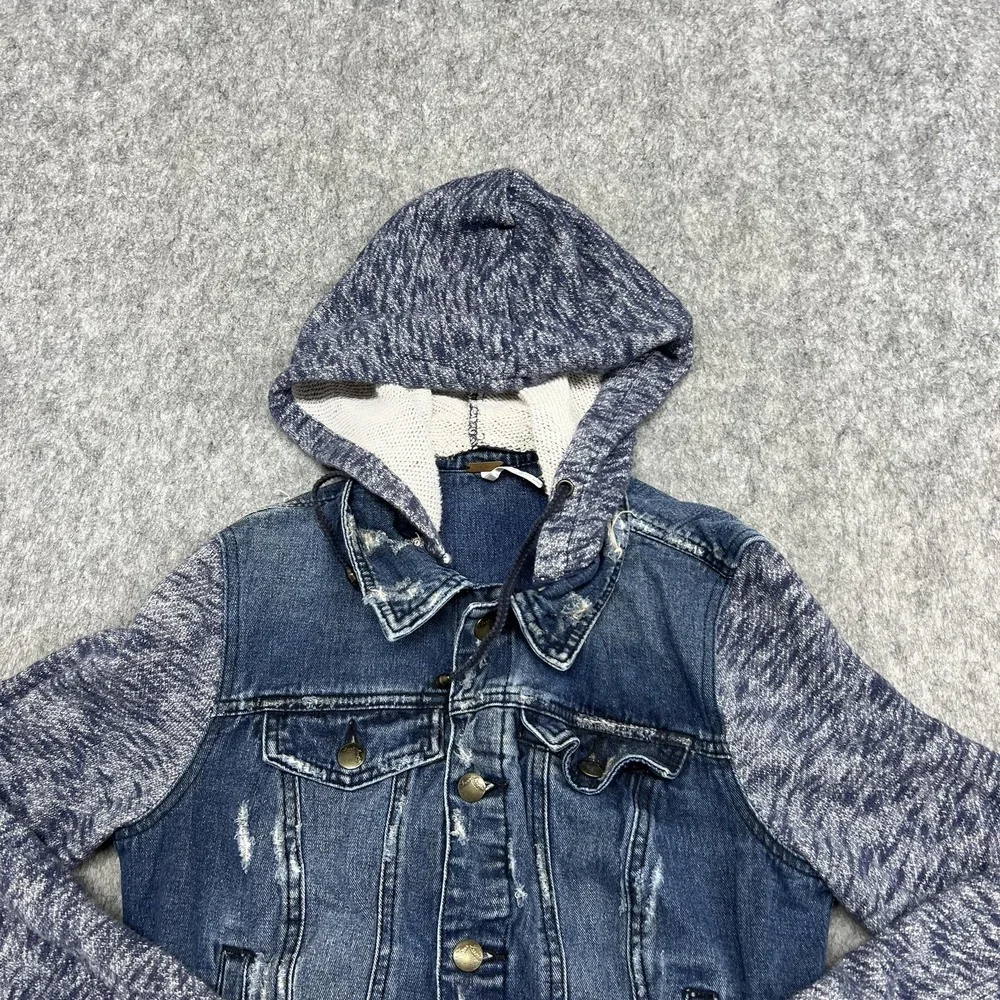 Free People Jacket Womens S Blue Denim Jean Hooded Knit Sleeve Distressed - Picture 6 of 16